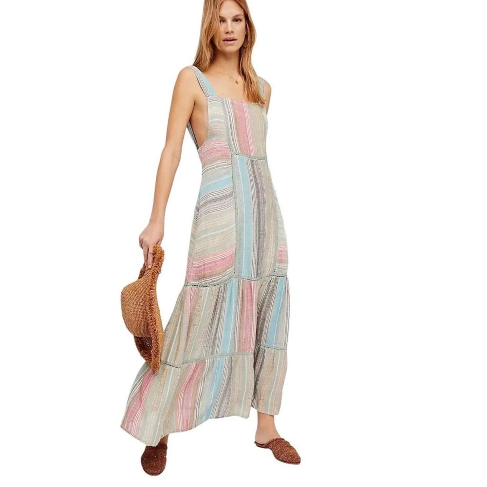 Free People Striped Maxi Dress Multicolor Woven Tiered Crochet Trim Small Boho
